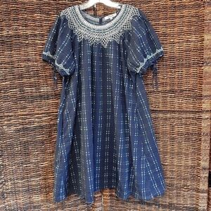 Madewell Embroidered Puff Sleeve Babydoll Mini Dress Indigo Plaid XS Navy Blue